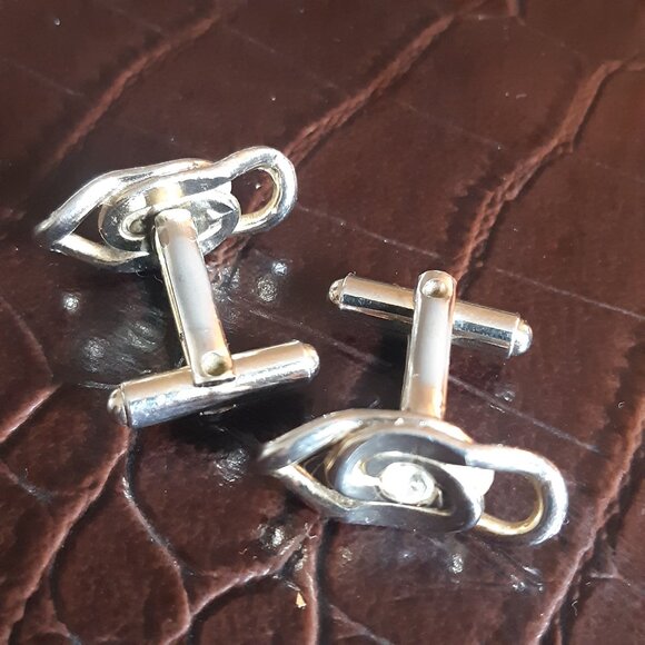 Vintage Loops With Rhinestones Silver Tone Cuff Links ⚡️BUY 3 for $55⚡️ - Picture 9 of 11